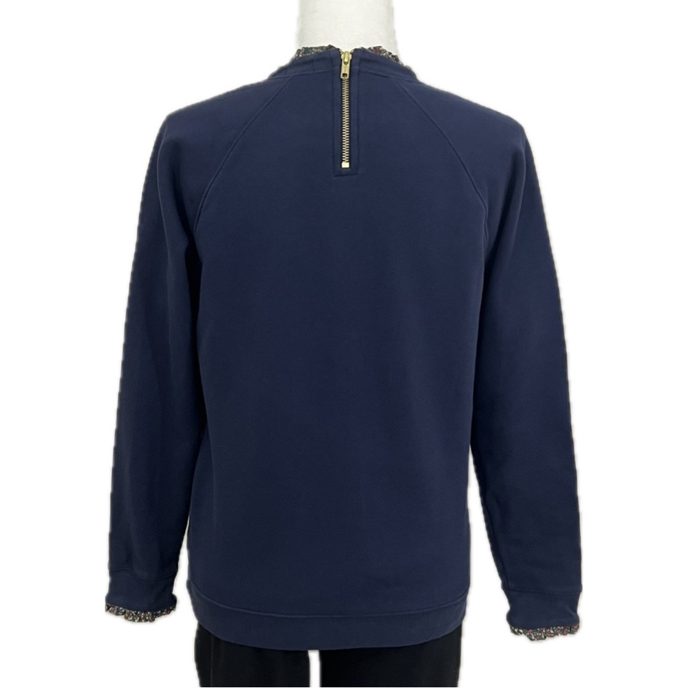J. Crew Woven Ruffleneck Pullover Sweatshirt Floral Trim Gold Zip Navy Small - Picture 9 of 17
